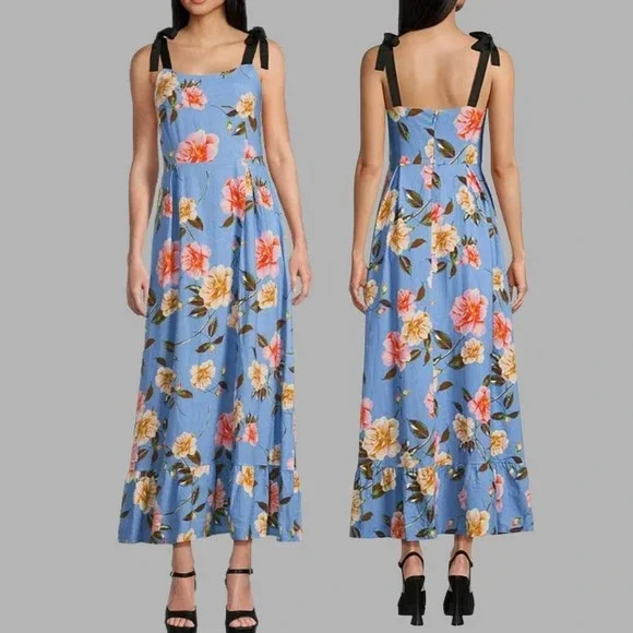 GB Floral Print Grosgrain Tie Maxi Dress Sz Xl Blue Floral Lined Brunch - Picture 1 of 8